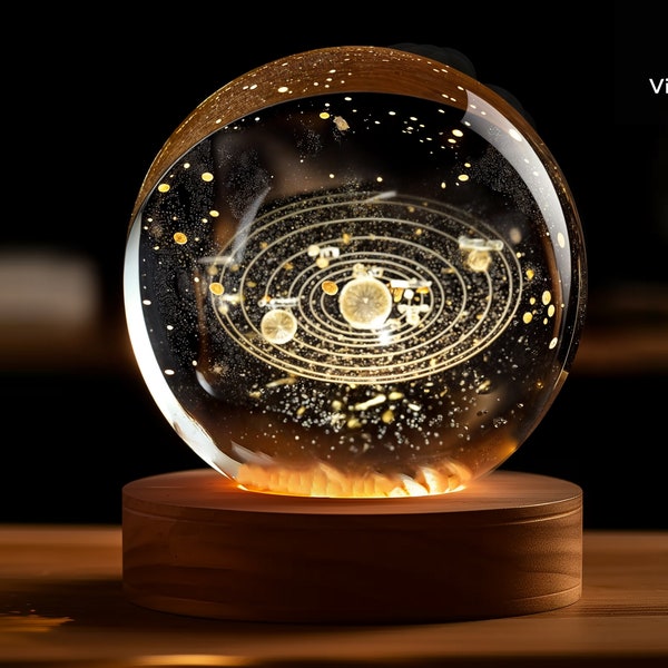 Veilleuse boule de cristal 3D galaxie | Lampe Système Solaire | Décoration d’intérieur | Lumiere Globe spatial | Cadeaux spatiaux | LED 3D