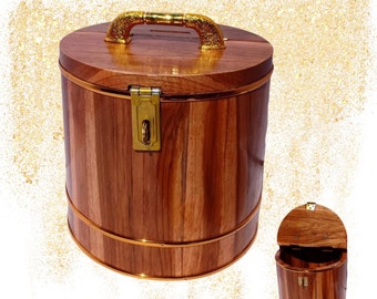 Teak piggy bank Holds 6-inch bills. Holds 7-inch bills and coins.The color gold is auspicious.Has a lid - opens ,Handle, Lockable,padlock.