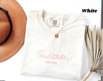 Girlsclub Pink Script T-Shirt | Garment-Dyed Cotton Crewneck Tee | Trendy Pink Script Graphic Top | Girls Night Shirt | Unisex Soft Tee