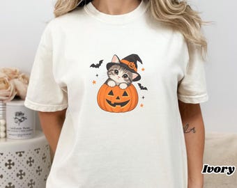 Halloween Kitten Pumpkin Tee | Garment-Dyed Cotton, Relaxed Fit | Cute Cat Halloween Graphic Shirt | Fall Kitten Lover Top | Unisex Tee