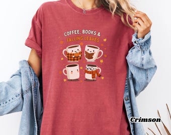 Cozy Coffee Books Fall Leaves Tee, Autumn Mug Graphic Shirt (Garment Dyed)
