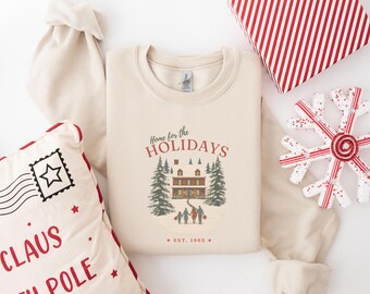 Moletom "Lar para as Festas", Moletom Vintage de Natal com Gola Redonda, Suéter Aconchegante de Natal para a Família, Moletom Retrô de Cabana de Inverno, Presente de Natal