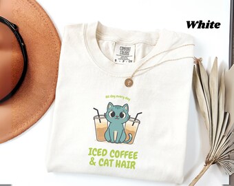 Iced Coffee Cat Hair Tee | Garment-Dyed Cotton, Whimsical Illustration | Cute Cat Lover Coffee Shirt | Soft Retro Graphic Top | Unisex Tee