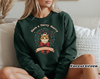Have a Furry Merry Christmas Cat Sweatshirt | Holiday Kitty Wreath