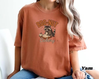 Boo-Nut Bakery Raccoon Tee | Fall Pumpkin Donut Graphic Shirt (Garment-Dyed Cotton)