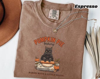Pumpkin Pie Bakery Tee | Black Cat Graphic Shirt | Autumn Harvest Cotton Tee