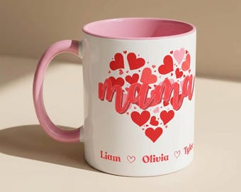 Mama heart name personalized Mug | Accent coffee mug, customizable names | Custom Kids Name Mug | Mothers Day Gift for Mom | Grandma Mug Gif