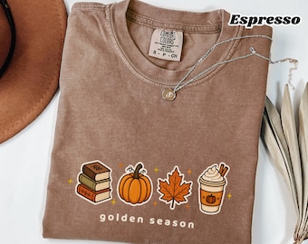 Golden Season Fall Tee, Books Pumpkin Maple Leaf Coffee (Garment Dyed)