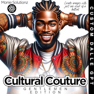 Könnte beinhalten: Eine digitale Illustration eines Mannes mit geflochtenen Haaren, der eine rote Jacke mit einem farbenfrohen afrikanischen Muster trägt. Der Text "Cultural Couture Gentlemen Edition" befindet sich am unteren Rand des Bildes.
