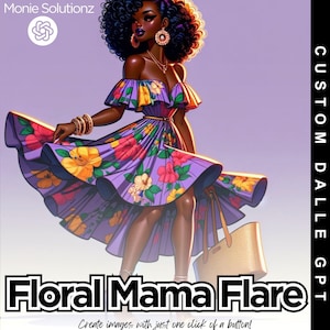 Könnte beinhalten: Eine Frau mit dunkler Haut und lockigem schwarzem Haar trägt ein lilafarbenes Kleid mit Blumenmuster und einem Rüschenkragen. Sie hält eine Strohtasche in der Hand und trägt goldene Armbänder an ihren Handgelenken. Der Text "Floral Mama Flare" ist in schwarzen Buchstaben auf weißem Hintergrund geschrieben.