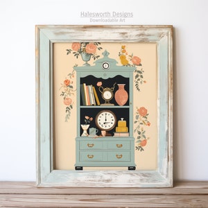 Op de afbeelding: Een vintage-stijl, lichtblauwe kast met twee planken en drie lades. De kast is gevuld met boeken, klokken en andere decoratieve items. De kast is omringd door een bloemmotief van roze en gele rozen.