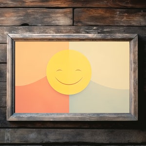 Puede incluir: Una impresión enmarcada con una cara sonriente amarilla sobre un fondo multicolor. El fondo está dividido en tres secciones: naranja, melocotón y azul claro.