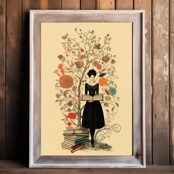 Digital Victorian-inspired Modern Woman in Tree Artwork - Writer Academia Theme - High-Res Download - Mid-Century Illustration Vibes