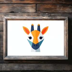 May include: A geometric illustration of a giraffe's head with orange, white, blue, and black colors.