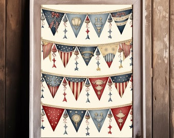 Vintage Americana Bunting - 5 Sizes | High Resolution Printable Wall Art | 4th of July Patriotic Decor, Red White & Blue Illustration