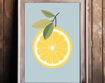 May include: A framed illustration of a yellow lemon with green leaves on a light blue background.