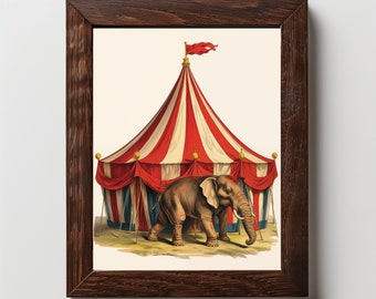 Vintage Elephant Circus Tent Print, Retro Circus Elephant Poster, Carnival Animal Wall Art