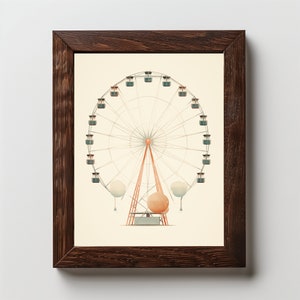 Vintage Victorian Carnival Ferris Wheel Print, Muted Colors Wall Art, High-Resolution Digital Download for Kids Room or Office