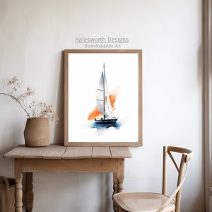 Puede incluir: Una pintura de acuarela de un velero con una vela blanca y un casco azul, navegando sobre un fondo de acuarela azul y naranja.