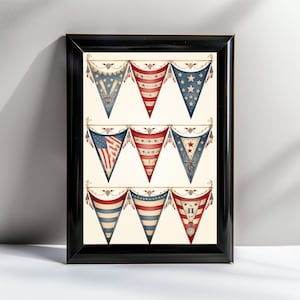 Vintage Americana Bunting - 5 Sizes | High Resolution Printable Wall Art | 4th of July Patriotic Decor, Red White & Blue Illustration