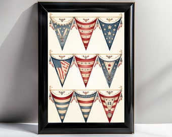 Vintage Americana Bunting - 5 Sizes | High Resolution Printable Wall Art | 4th of July Patriotic Decor, Red White & Blue Illustration