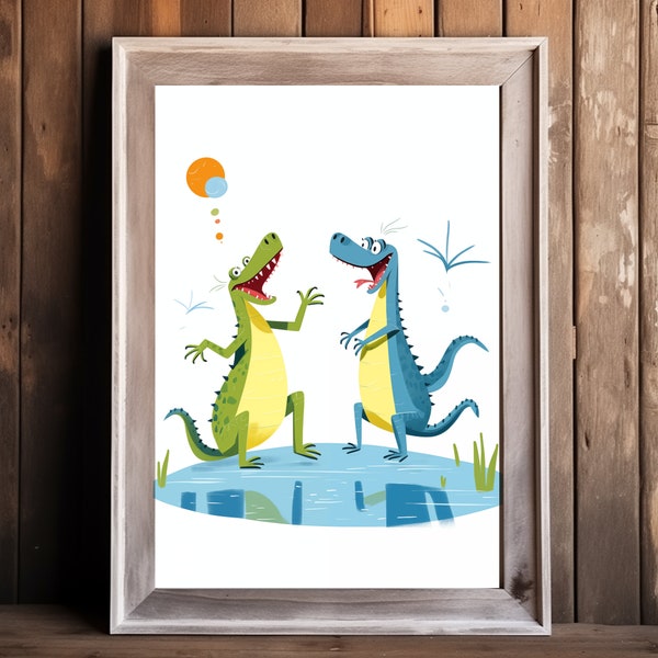 Whimsical Crocodile Conversations: High-Res Digital Download - Playful, Lively, Editorial Art - Light Blue & Amber - Instant Access!