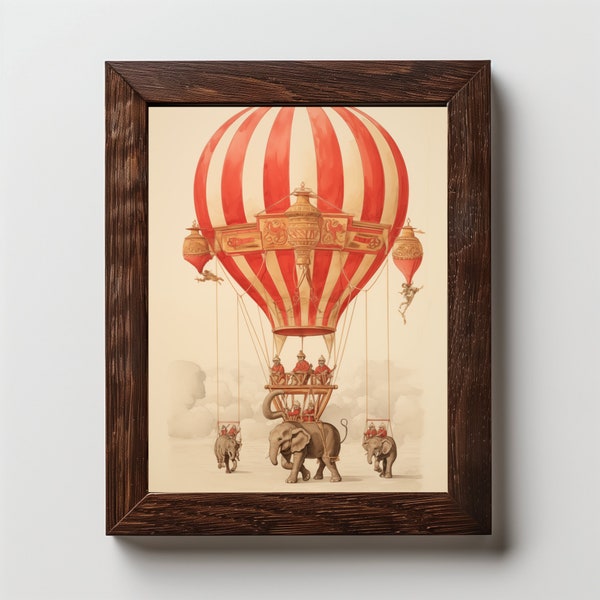 Victorian-Inspired Elephant Balloon Digital Art: High-Res, Trompe l'oeil, Detailed Illustrations, Aquarellist Style, Bronze & Red Palette