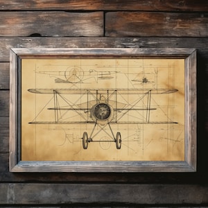 May include: A vintage style framed print of a biplane blueprint. The print is on a beige background with black lines and a brown wooden frame.