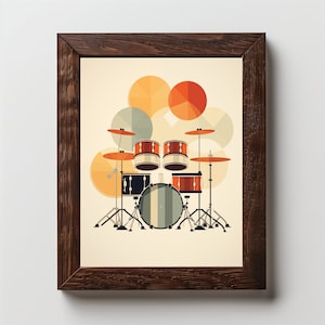 May include: A framed illustration of a drum set with a colorful geometric background. The drum set is made up of a bass drum, a snare drum, two tom-toms, and cymbals.
