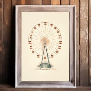 Vintage Victorian Carnival Ferris Wheel Print, Muted Colors Wall Art, High-Resolution Digital Download for Kids Room or Office