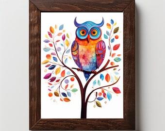 Colorful Owl Tree Illustration, Kids Room Decor, Nursery Art, Whimsical Owl Poster