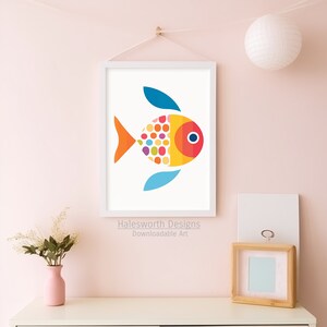May include: A colourful, abstract fish illustration with a red, yellow, and orange body, blue fins, and a white background. The text "Halesworth Designs Downloadable Art" is below the fish.