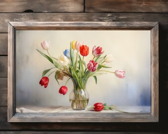 Tulips in Vase Print, Floral Wall Art Set, High Resolution Digital Download, Home Office Decor, Flower Painting Download