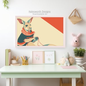 May include: A digital illustration of a kangaroo wearing a blue, red, and green sweater and holding a red string. The background is a yellow and orange gradient. The text "Halesworth Designs Downloadable Art" is at the top of the image.