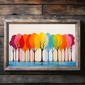 May include: A framed painting of a row of colorful trees with dripping paint, resembling a rainbow. The trees are painted in shades of red, orange, yellow, green, blue, and purple. The background is white.