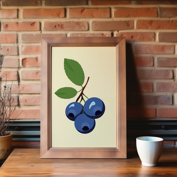 Blueberry Branch Digital Art: Vibrant Flat Colors, Editorial Style, British Topo, Graphic Illustration, Instant Download