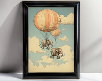 Victorian Hot Air Balloon Elephants Wall Art | 5 Sizes | High Resolution Printable Wall Art | Vintage Children&#39;s Storybook Style