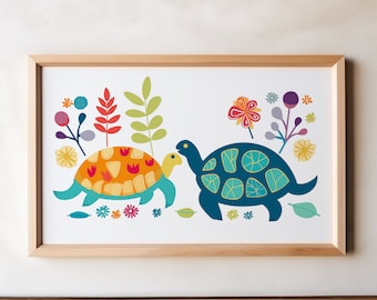 Whimsical Turtle Duo Nursery Wall Art, Colorful Kids Room Decor, Floral Accents Illustration, Downloadable Wall Art