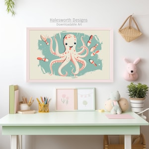 May include: A pink framed illustration of a white octopus with red spots holding bowling pins. The octopus is smiling and has a blue background with white splatters. The text "Halesworth Designs Downloadable Art" is at the top of the image.