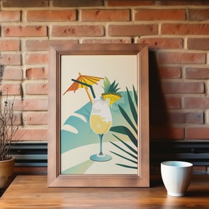 Arte retro de piña colada: cartel de cóctel vintage, ilustración vectorial plana, tonos pastel, descarga digital hiperdetallada