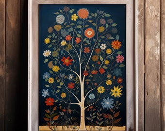 Folk Art-Inspired Tree with Flowers - High-Res Digital Download - Germanic Style - Mid-Century Illustration - Delicate Floral Design