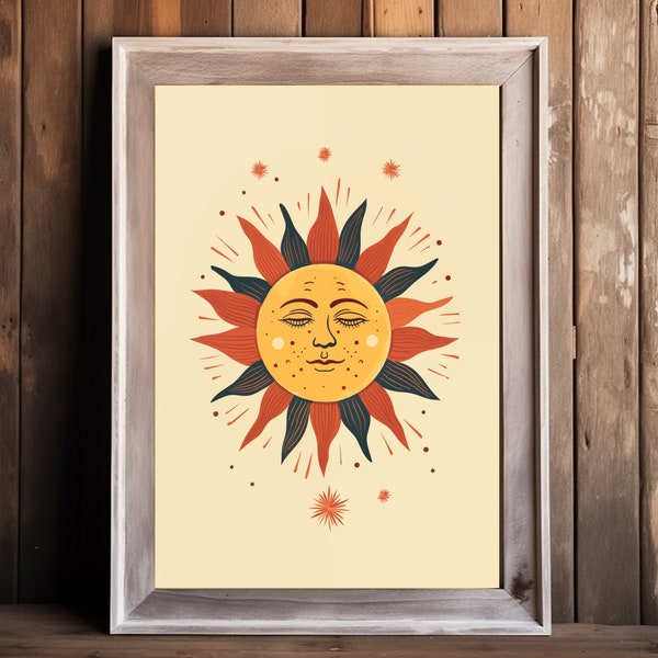Vintage Sun Face Digital Art: Folk-inspired Cosmic Illustration, Warm Tones, Celestial Vibes - High-Res Download
