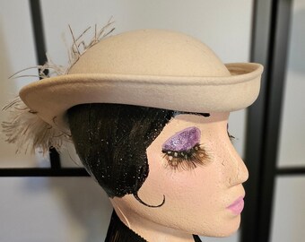 Woman's Vintage 1970's Georgette Felt Hat with Feather Accent Cream Color