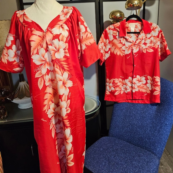 His/Hers Matching Vintage 1980's Matching Hawaiian Honeymoon Set Muu Muu Dress Button Shirt Red/White Hibiscus Flower Pattern