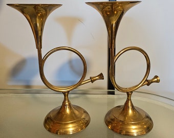 Vintage 1970's Brass Horn Candleholders Candlesticks  Set Of Two Made In India Brass Decor MCM Collectors