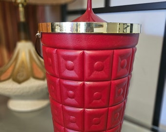 Vintage 1960's Lustro-Ware Plastic Red Ice Bucket/Wine Chiller  Gold Rim/Handle  MCM Tufted Design Made In The USA.
