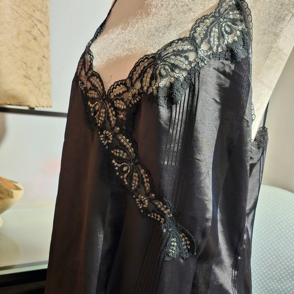 Vintage 1970's Floor Length Black Nightgown Negligee With Lace Metallic Accent  Peek-a-Boo LovLee Brand Made In Canada Union Made  Size L