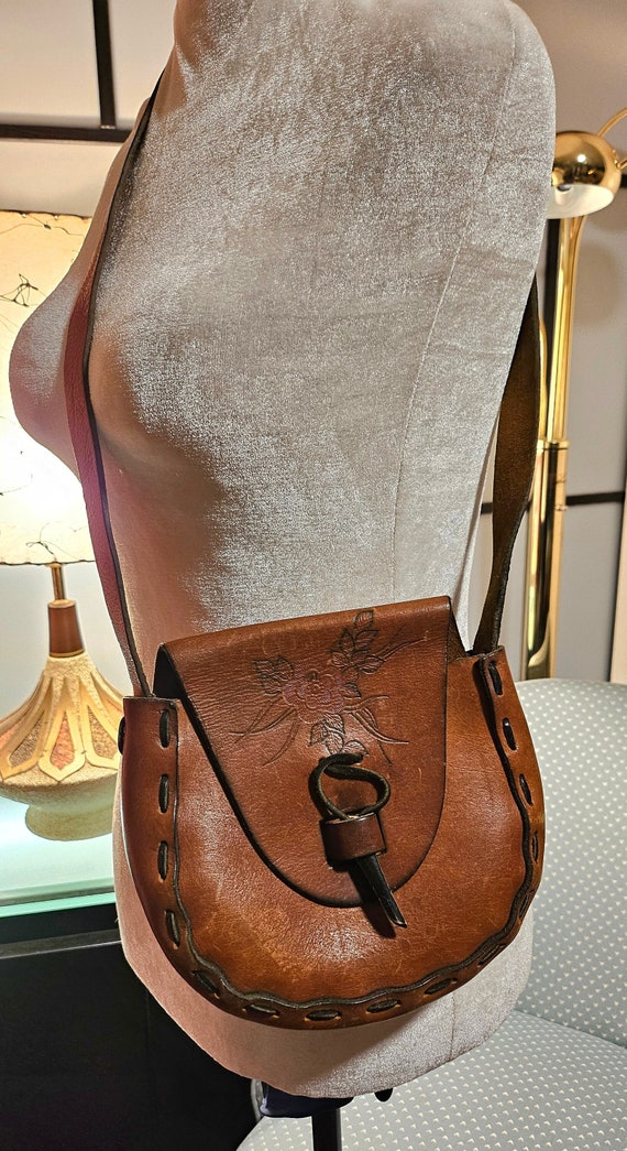 Funky Boho 1960's Brown Hand Tooled Leather Should