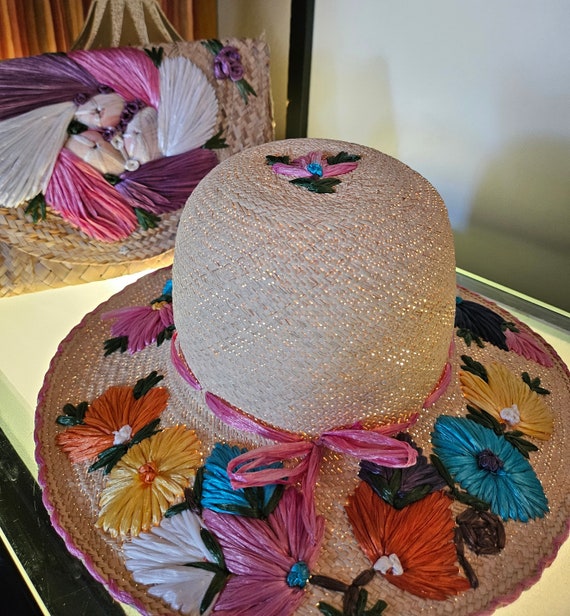 Vintage 1960 Raffia Embroidered Floral Straw Hat A