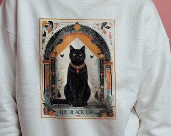 Mystieke zwarte kat Tarot Card Sweatshirt, voor kattenliefhebbers, spirituele Zodiac Hemelse Tarotkaarten Design Crewneck Cat Lady Unisex Sweater